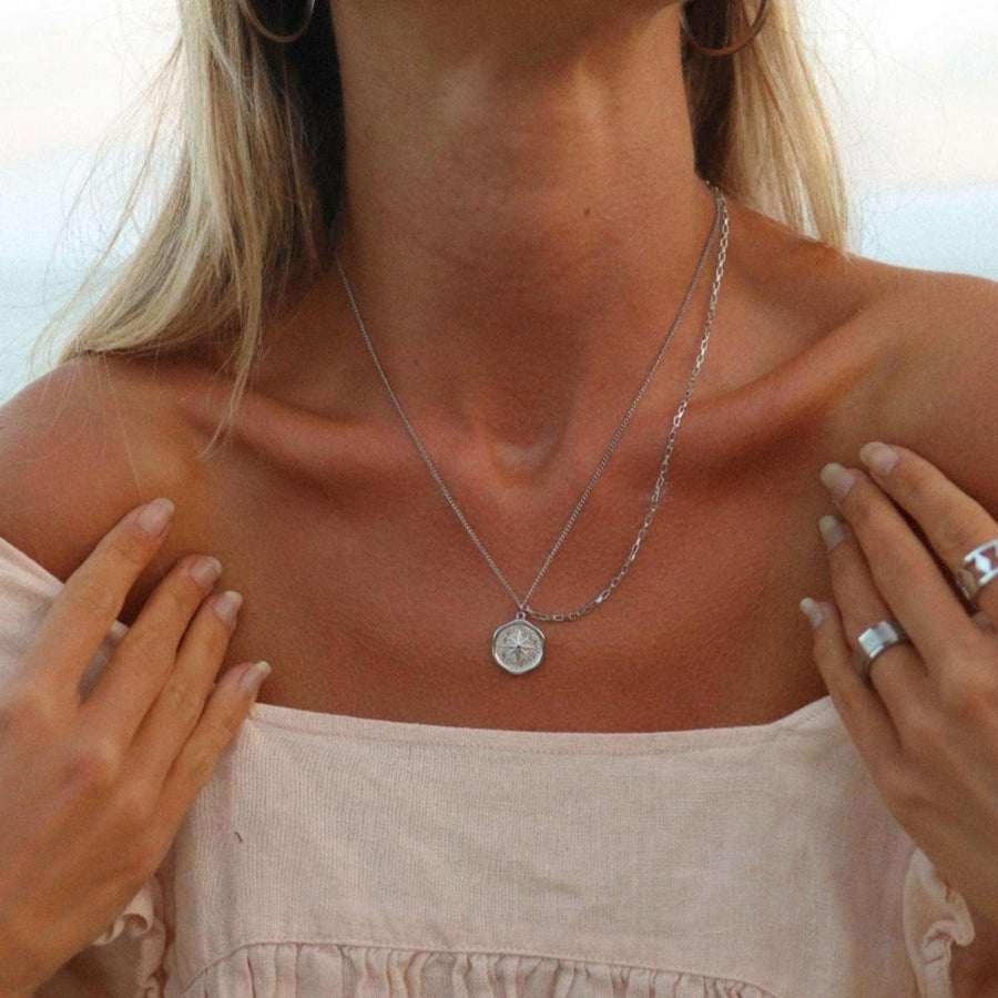 woman wearing silver layered necklace - waterproof jewellery by australian jewellery brands indie and harper