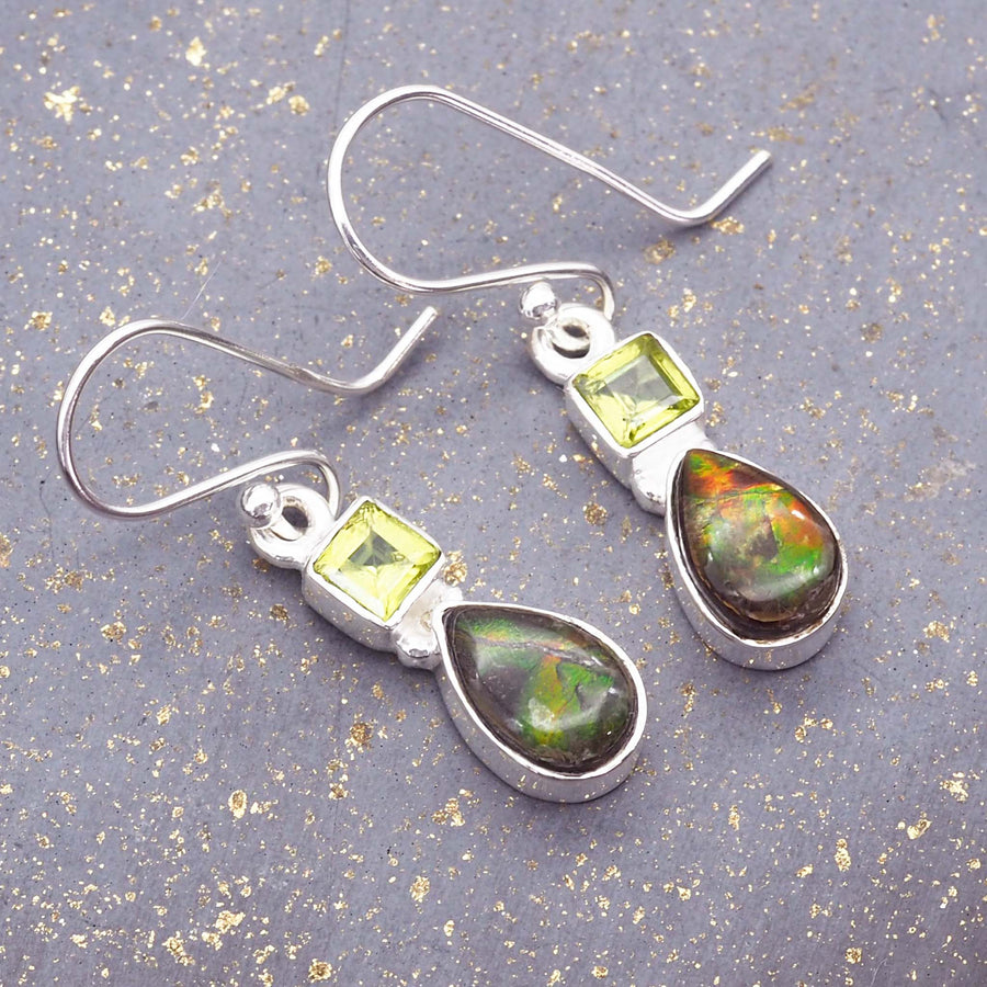 ammolite and peridot earrings - womens gemstone jewellery by Australian jewellery brands indie and harper