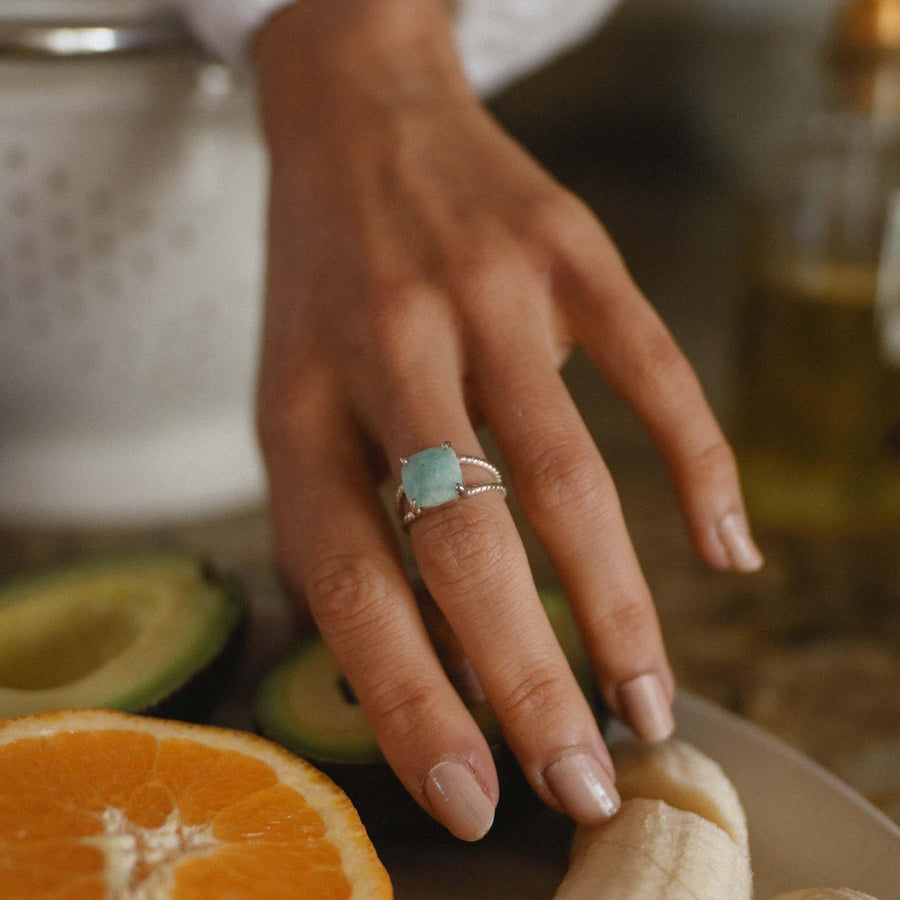 womans hand wearing apatite ring - womens gemstone jewellery by australian jewellery brands indie and Harper 