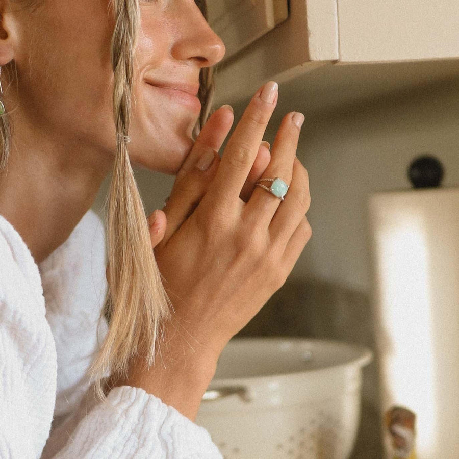 smiling woman wearing apatite ring - womens gemstone jewellery by australian jewellery brands indie and harper