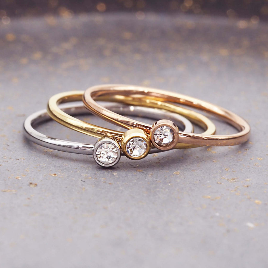 April birthstone rings in silver, gold and rose gold - waterproof jewellery by Australian jewellery brands indie and Harper 