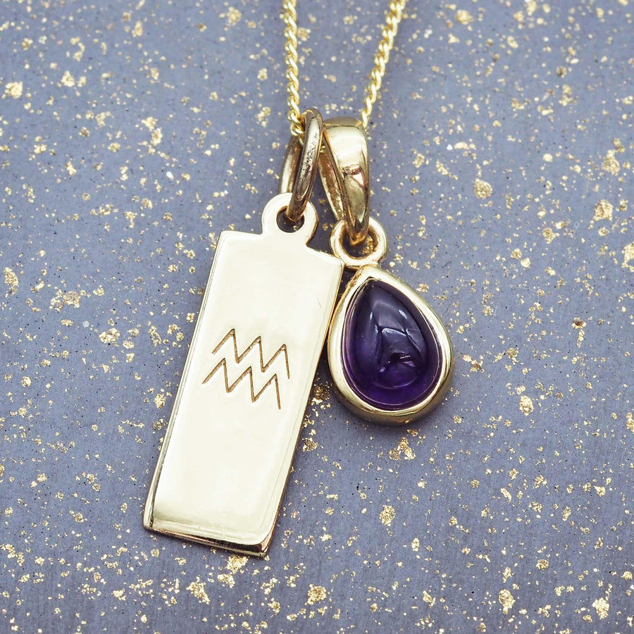 Zodiac Aquarius and february Birthstone amethyst Necklace - Gold Necklaces by Australian jewellery brand indie and harper