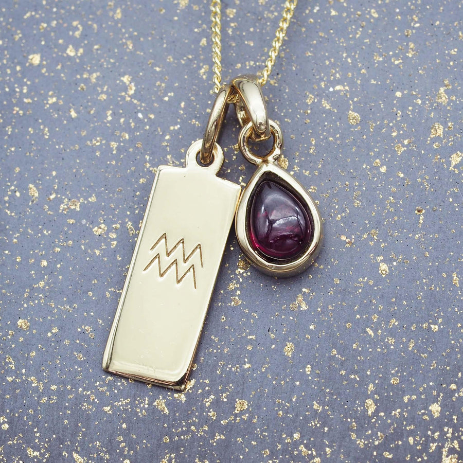 Zodiac Aquarius and January Birthstone Garnet Necklace - Gold Necklaces by Australian jewellery brand indie and harper