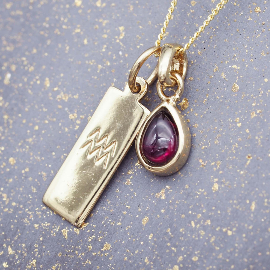 Zodiac Aquarius and January Birthstone Garnet Necklace - Gold Necklaces by Australian jewellery brand indie and harper