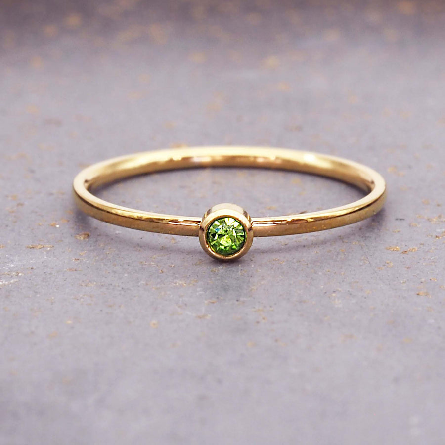 August birthstone dainty gold ring - gold waterproof jewellery by australian jewellery brands indie and harper 