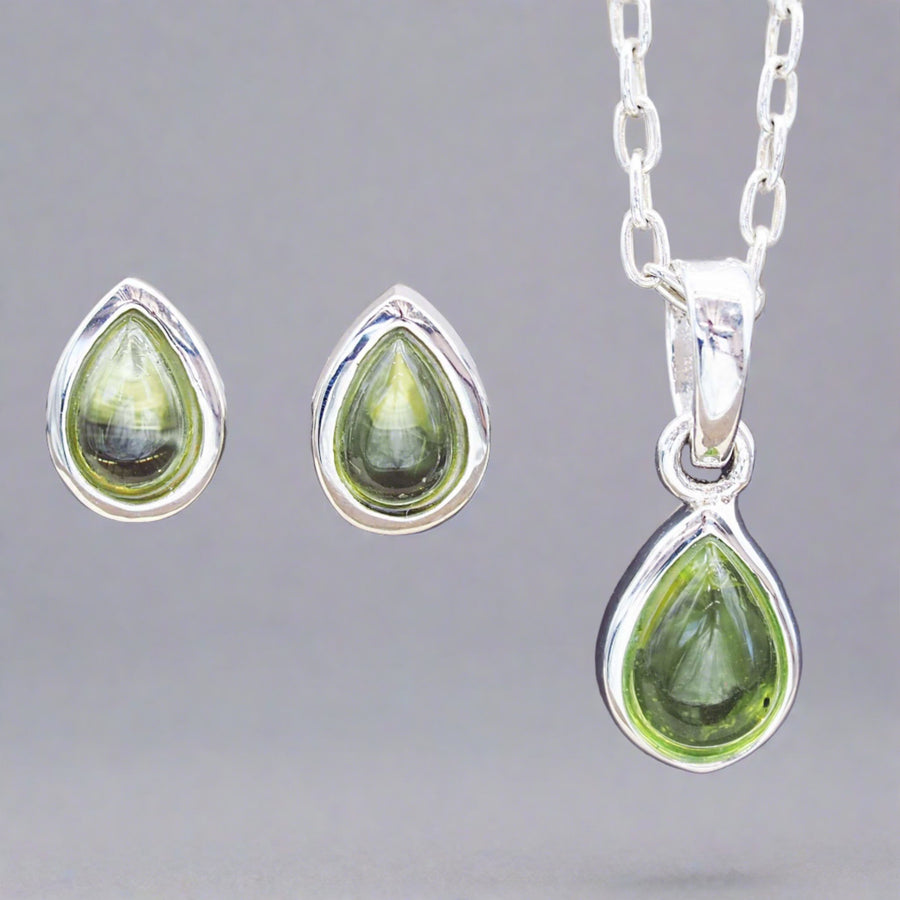 August Birthstone sterling silver Peridot earrings and peridot necklace - womens jewellery by australian jewellery brand indie and harper