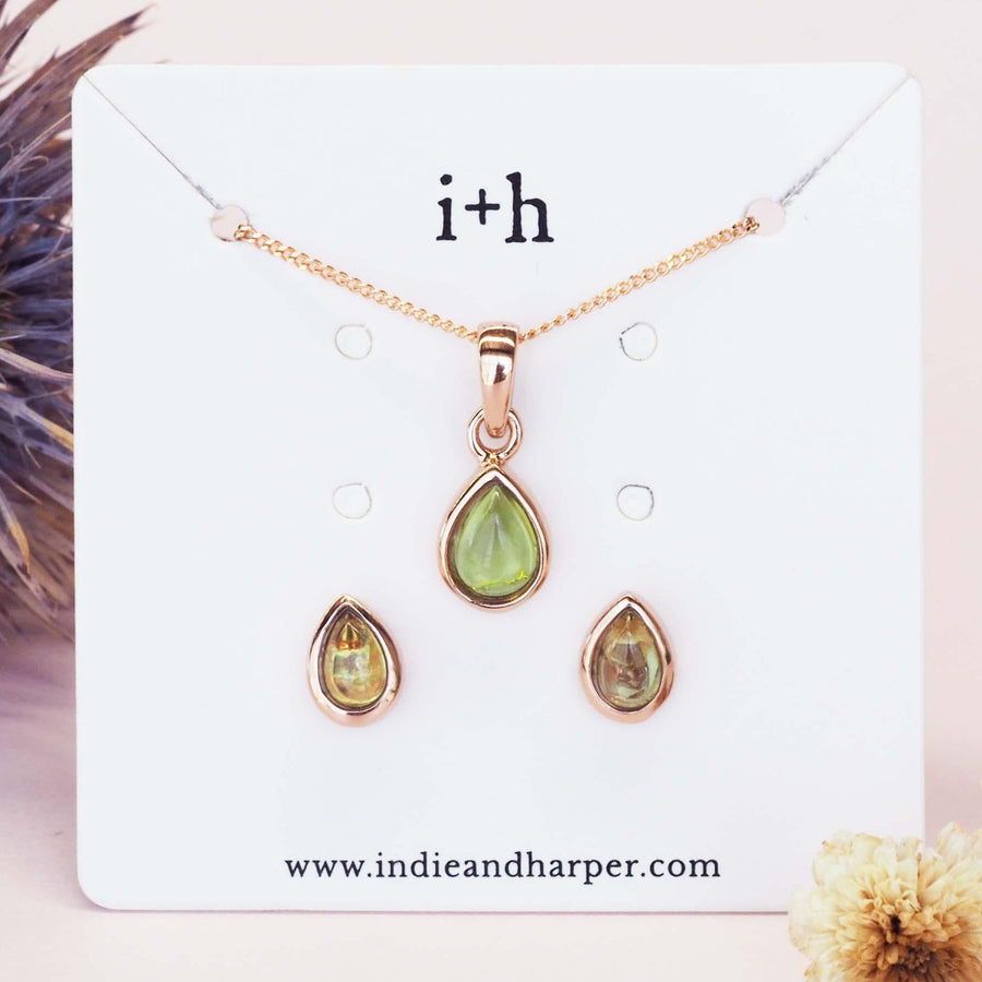 August Birthstone Peridot earrings and peridot necklace - gold jewellery by australian jewellery brand indie and harper