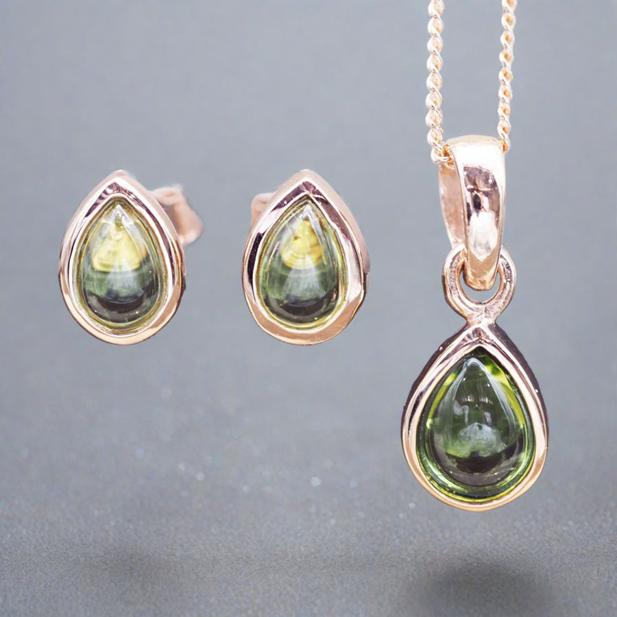 August Birthstone Peridot earrings and peridot necklace - rose gold jewellery by australian jewellery brandsindie and harper