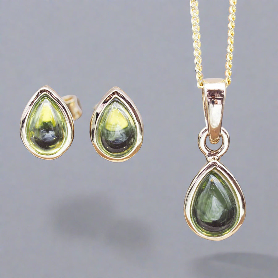 August Birthstone Peridot earrings and peridot necklace - gold jewellery by australian jewellery brand indie and harper