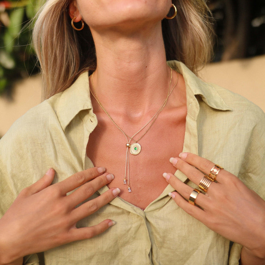 Aurora Gold Necklace being worn - womens gold jewellery by australian waterproof jewellery brands indie and harper