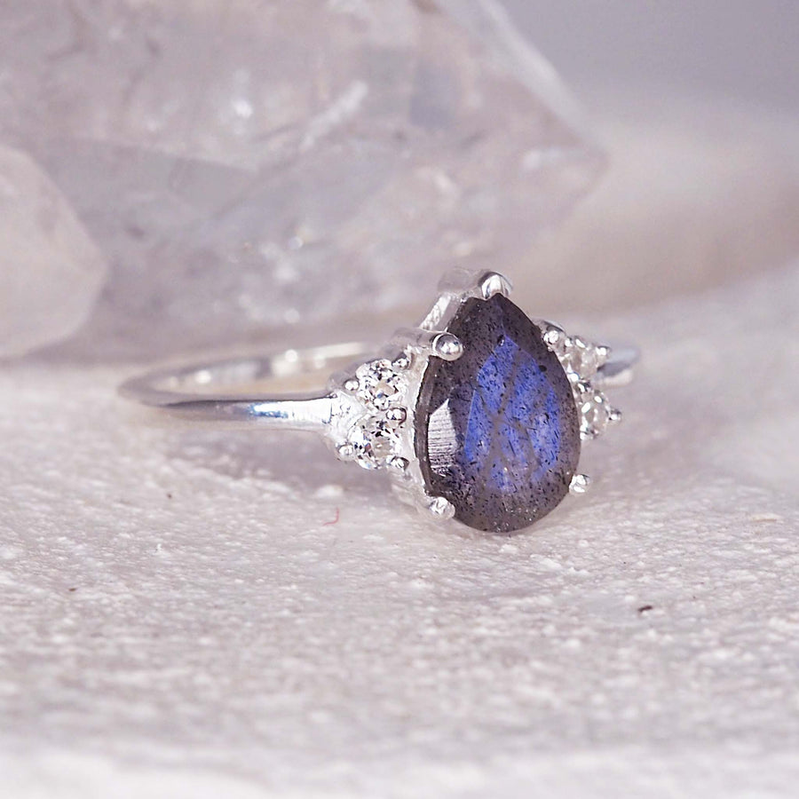 aurora's tear ring - women's sterling silver ring with natural blue labradorite and cubic zirconia - find the perfect gift for your loved ones with online jewellery brand indie and harper