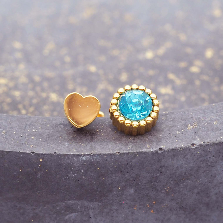 double sided stud earrings with threaded backing - made with gold plating over stainless steel and blue cubic zirconia - women's jewellery online by indie and harper