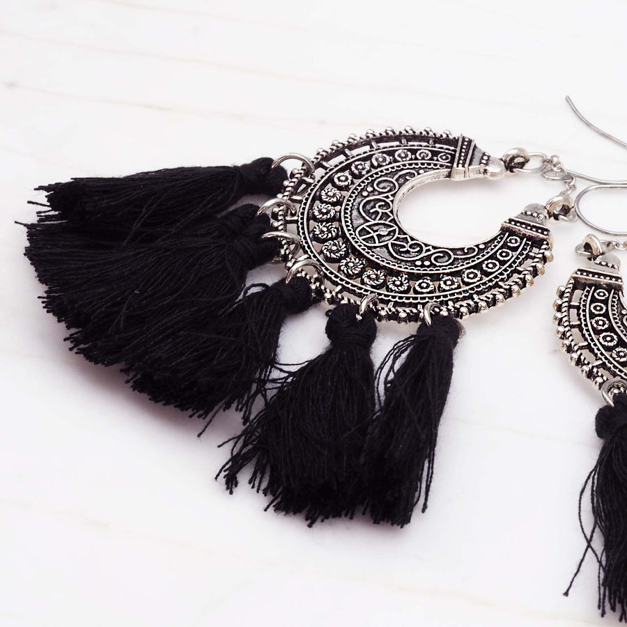 black tassel earrings - women's earrings with detailed design and black tassels - bohemian earrings by online jewellery brand indie and harper