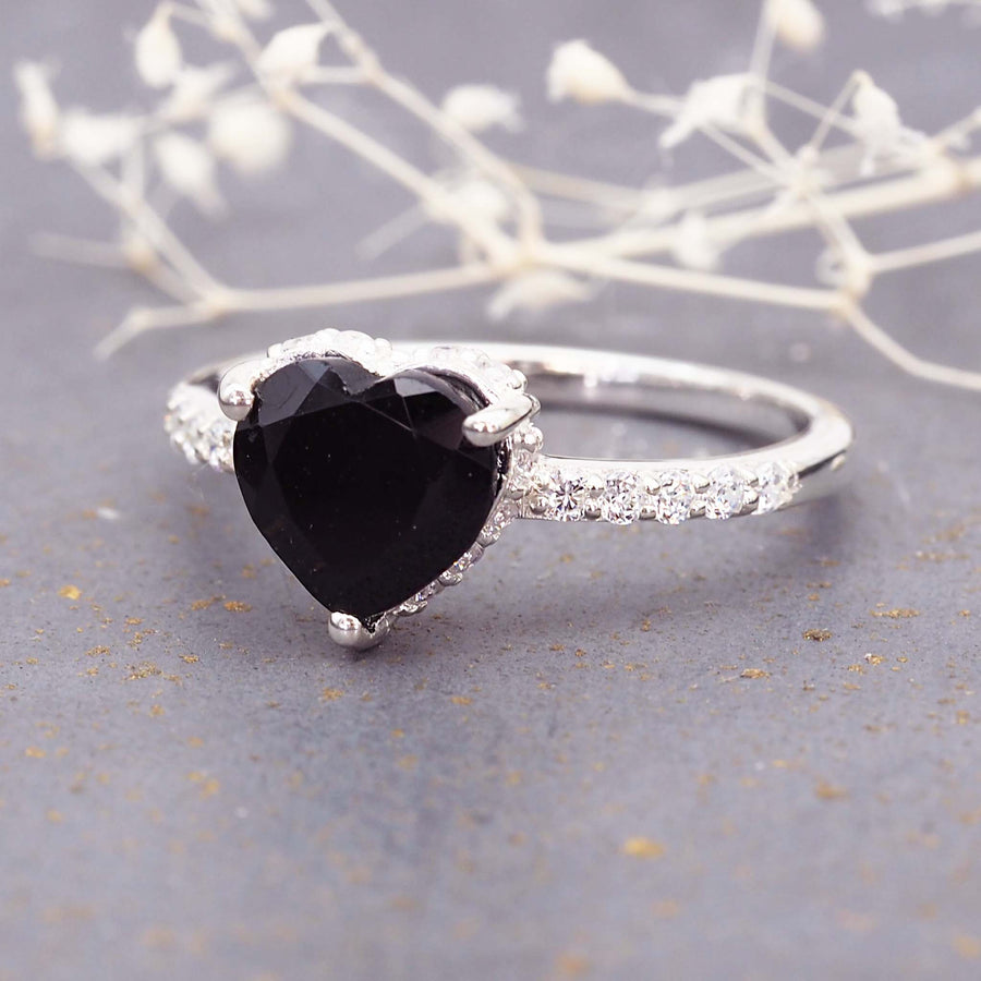 black tourmaline heart ring - sterling silver jewellery for women with natural gemstones - the perfect promise ring made with black tourmaline and white topaz gemstones by indie and harper