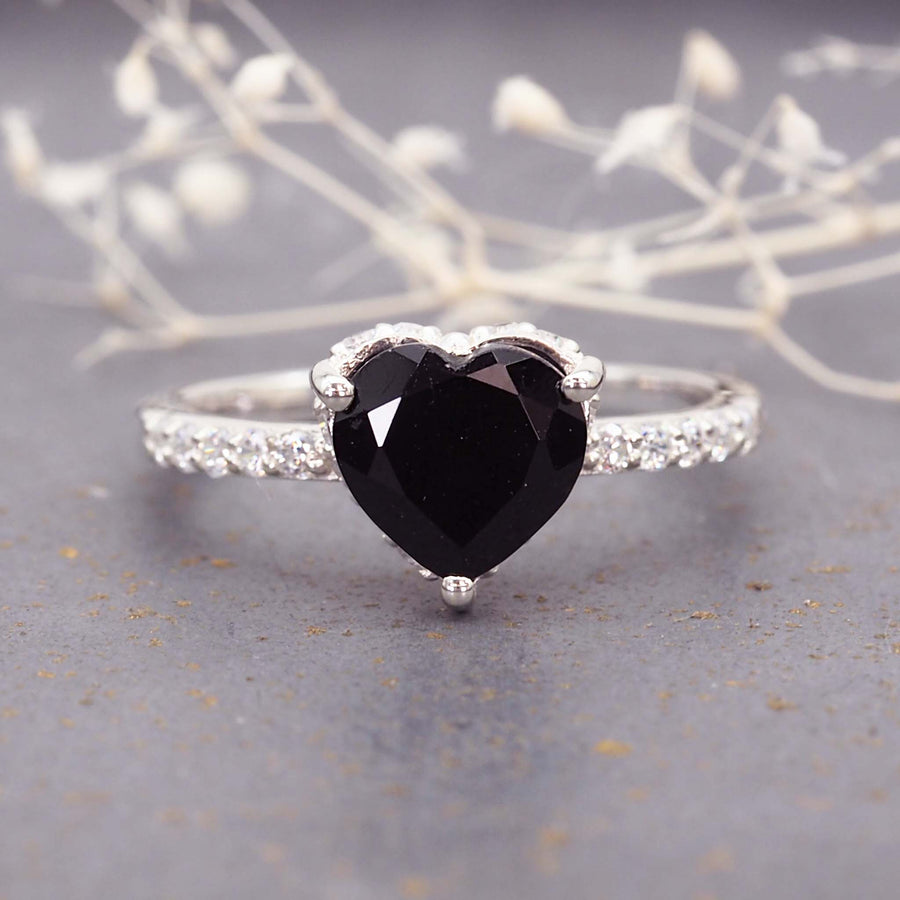 black tourmaline heart ring - sterling silver ring with natural black tourmaline and white topaz gemstones - shop online jewellery brand indie and harper