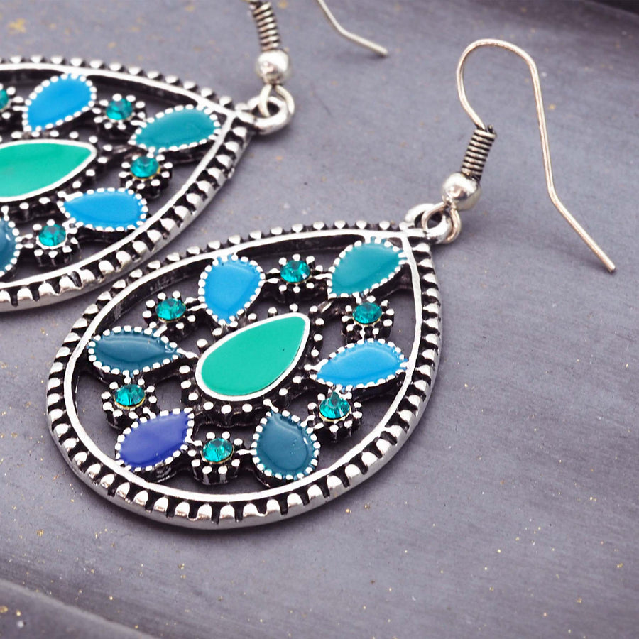 blue and green bohemian earrings - statement earrings for women made with metal alloy - women's jewellery online by indie and harper