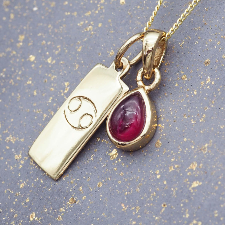 Zodiac Cancer and july Birthstone gold ruby Necklace -womens jewelry by Australian jewellery brand indie and harper