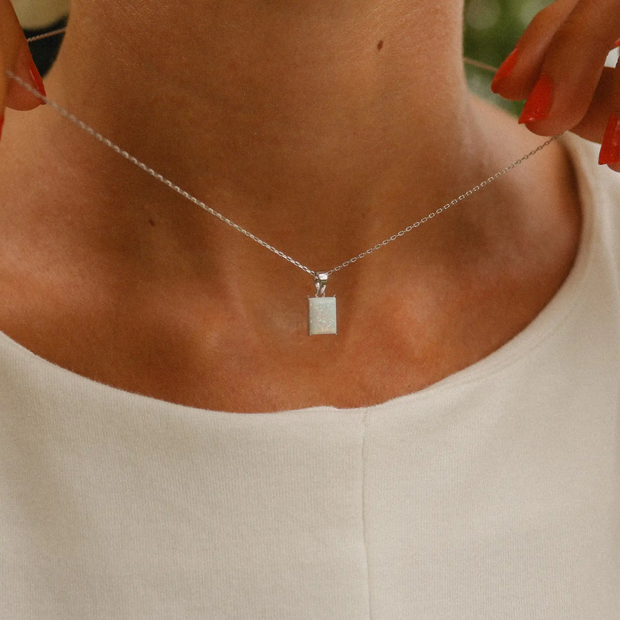 woman wearing sterling silver classic opal necklace - women's opal jewellery by australian jewellery brands indie and harper