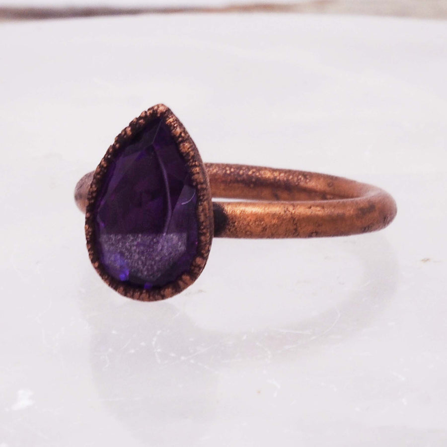 copper and tear drop amethyst ring - women's bohemian jewellery made with recycled copper and natural amethyst gemstone - copper ring by online jewellery brand indie and harper