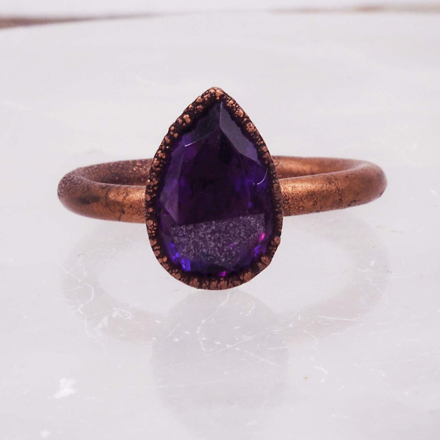 copper and tear drop amethyst ring - natural amethyst gemstone made with recycled copper band and setting - bohemian jewellery online by indie and harper