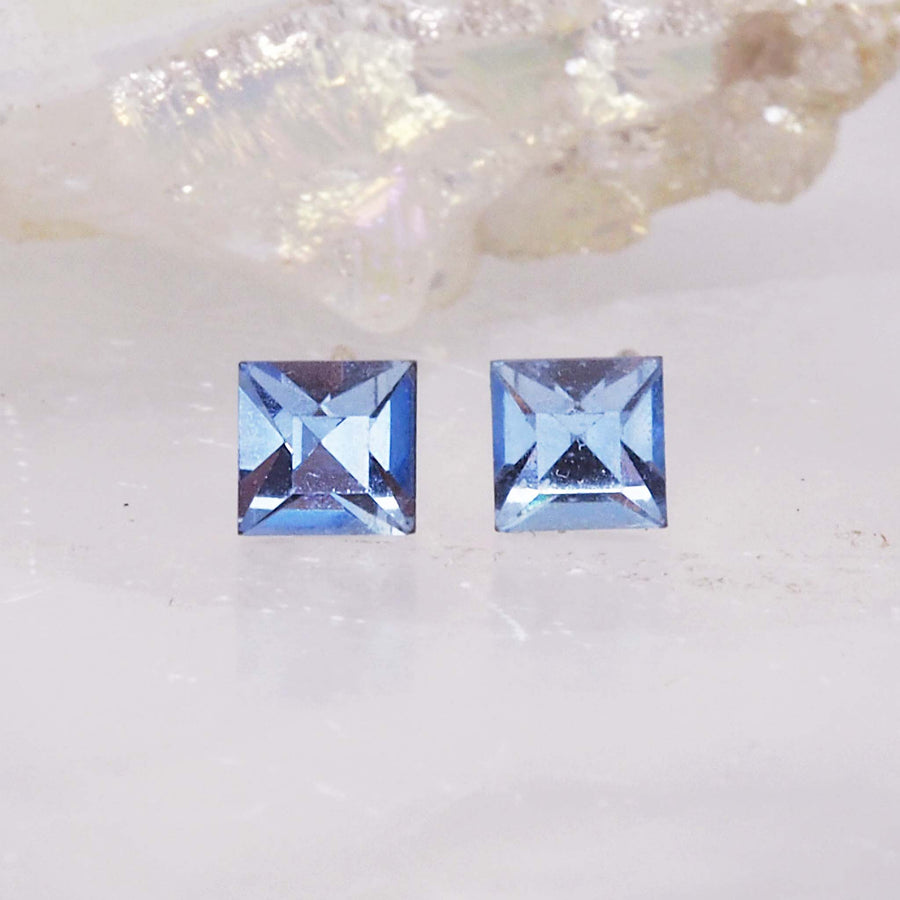 crystal birthstone earrings - march birthstone earrings made with aquamarine coloured crystals and sterling silver - birthstone jewellery by online jewellery brand indie and harper
