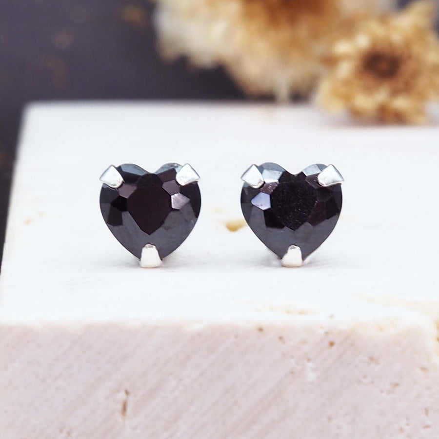 dainty black heart stud earrings - womens jewellery by Australian jewellery brands indie and harper