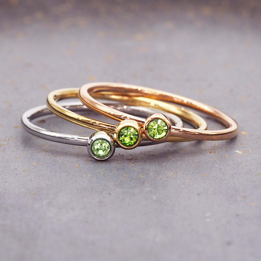 August birthstone rings in silver, gold and rose gold - waterproof jewellery by Australian jewellery brands indie and Harper 