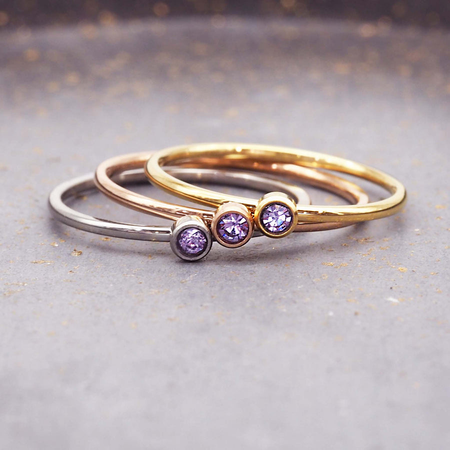 dainty February birthstone rings in silver, gold and rose gold with purple cubic zirconias - waterproof jewellery - birthstone jewellery Australia - Australian jewellery brand