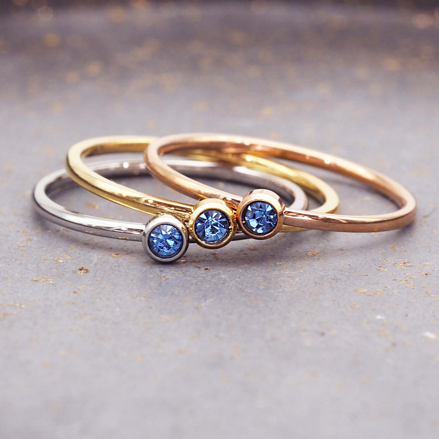 dainty March birthstone rings in silver, gold and rose gold with blue cubic zirconias - waterproof jewellery - birthstone jewellery Australia - Australian jewellery brand