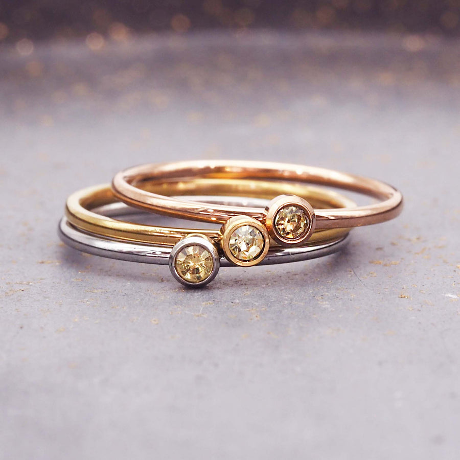 dainty November birthstone rings in silver, gold and rose gold with yellow cubic zirconias - waterproof jewellery - birthstone jewellery Australia - Australian jewellery brand
