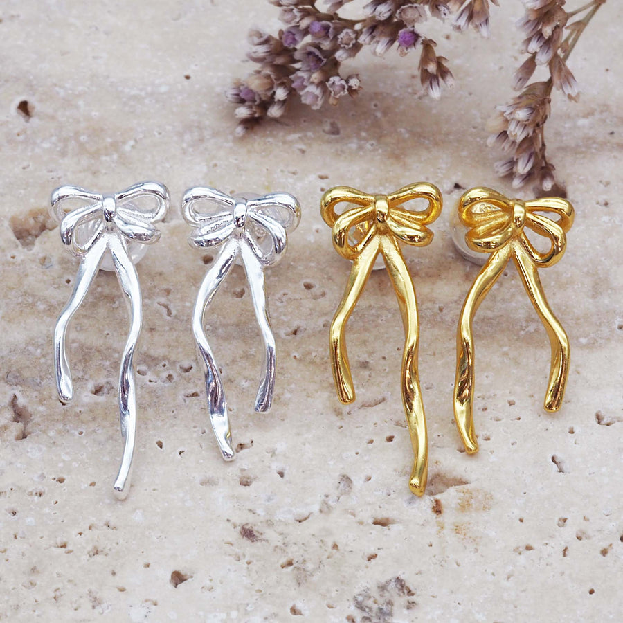 dainty bow earrings - dainty jewellery for women made with sterling silver and 18k gold plating with a beautiful bow design - dainty earrings for women by online jewellery brand indie and harper