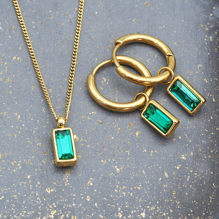 dainty emerald green and gold necklace and gold earrings - women’s gold jewellery by Australian jewellery brands indie and harper