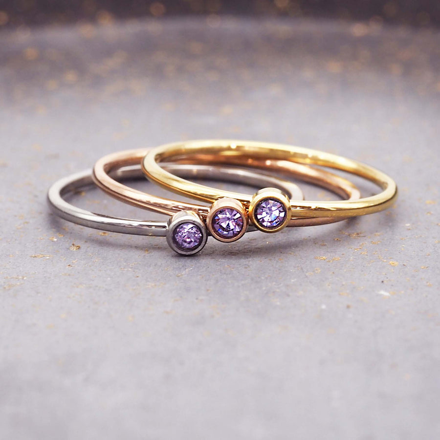 dainty February birthstone rings in silver, gold and rose gold - waterproof jewellery by Australian jewellery brands indie and Harper