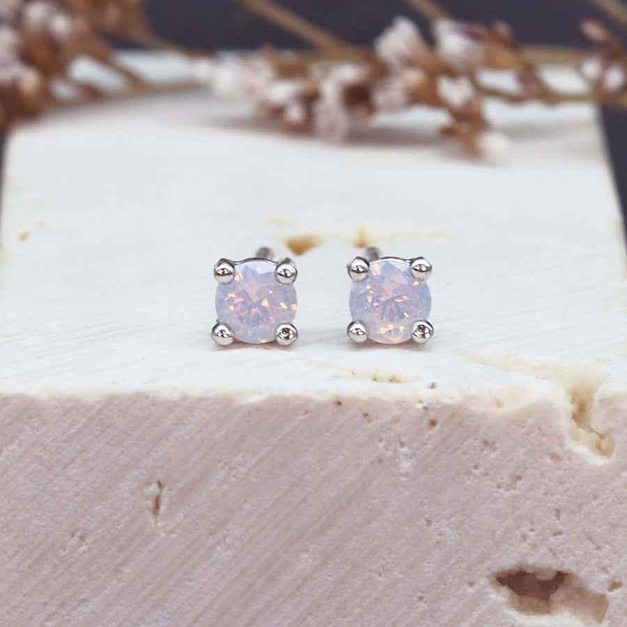 dainty gemstone earrings - sterling silver earrings with a dainty claw set pink gemstone - dainty jewellery for women by online jewellery brand indie and harper