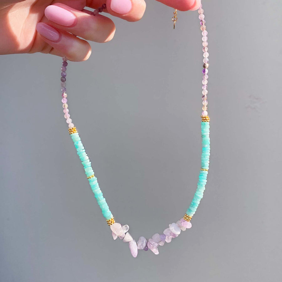 dainty goddess amazonite and amethyst necklace - boho jewellery online by women’s jewellery brand indie and harper