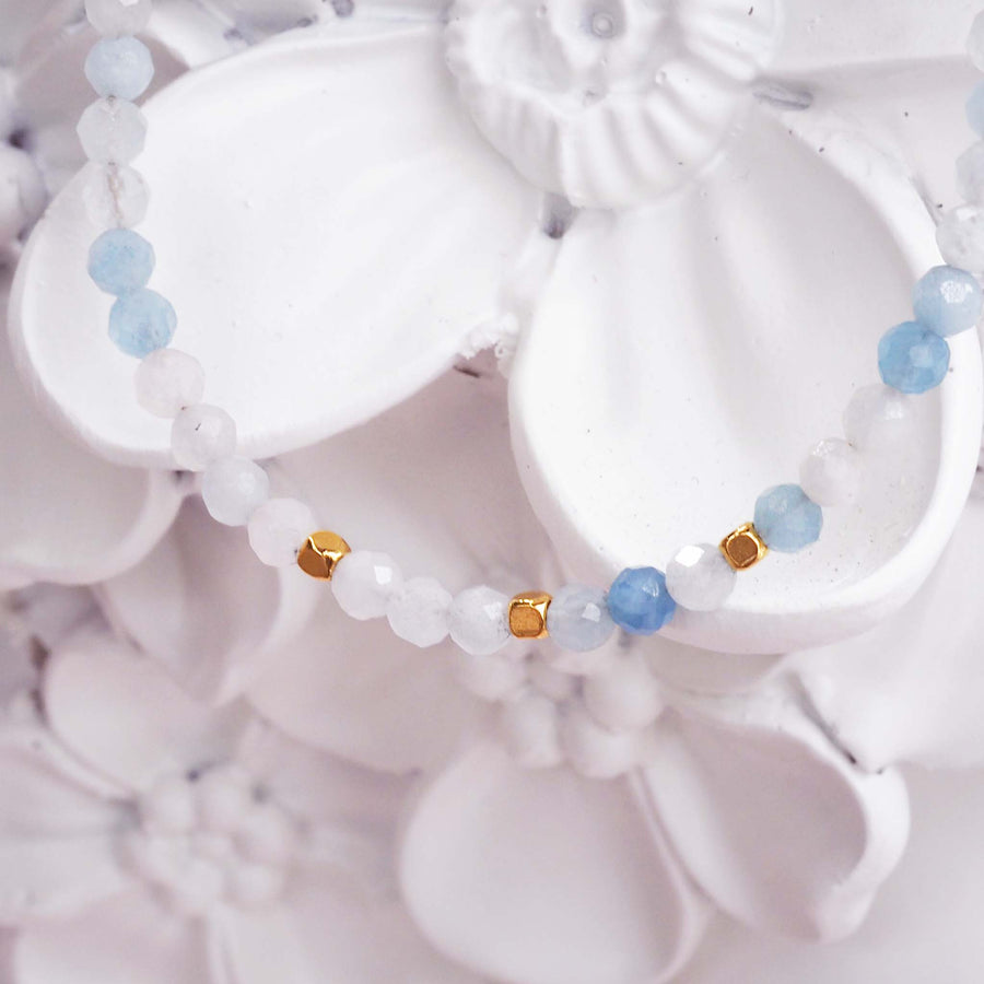 dainty stacking bracelet for women - bracelet made with natural aquamarine beads and gold detailing - women's dainty jewellery by indie and harper