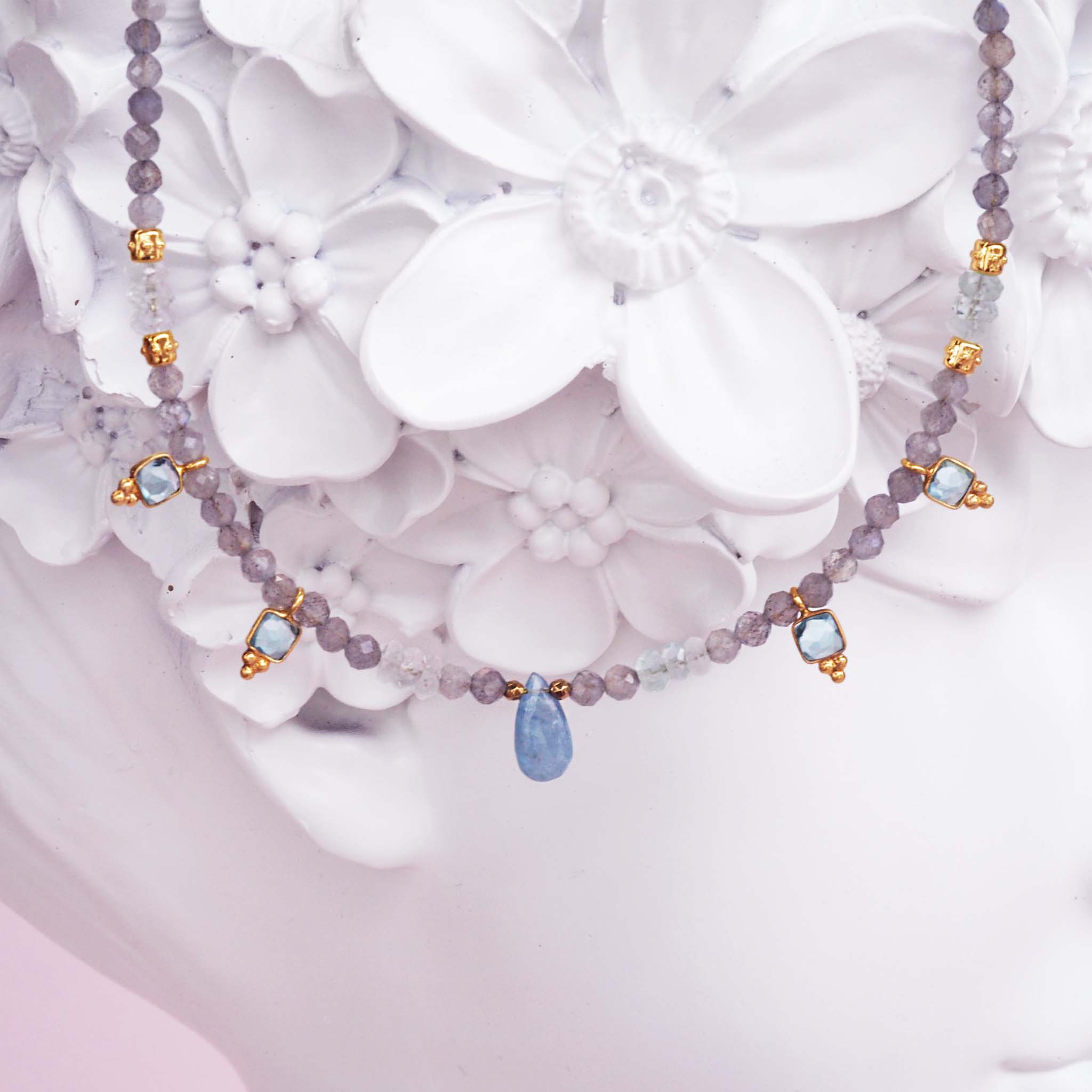 Dainty beaded necklace made with aquamarine, apatite, morganite and labradorite gemstones - beaded jewellery by Australian jewellery brands indie and harper