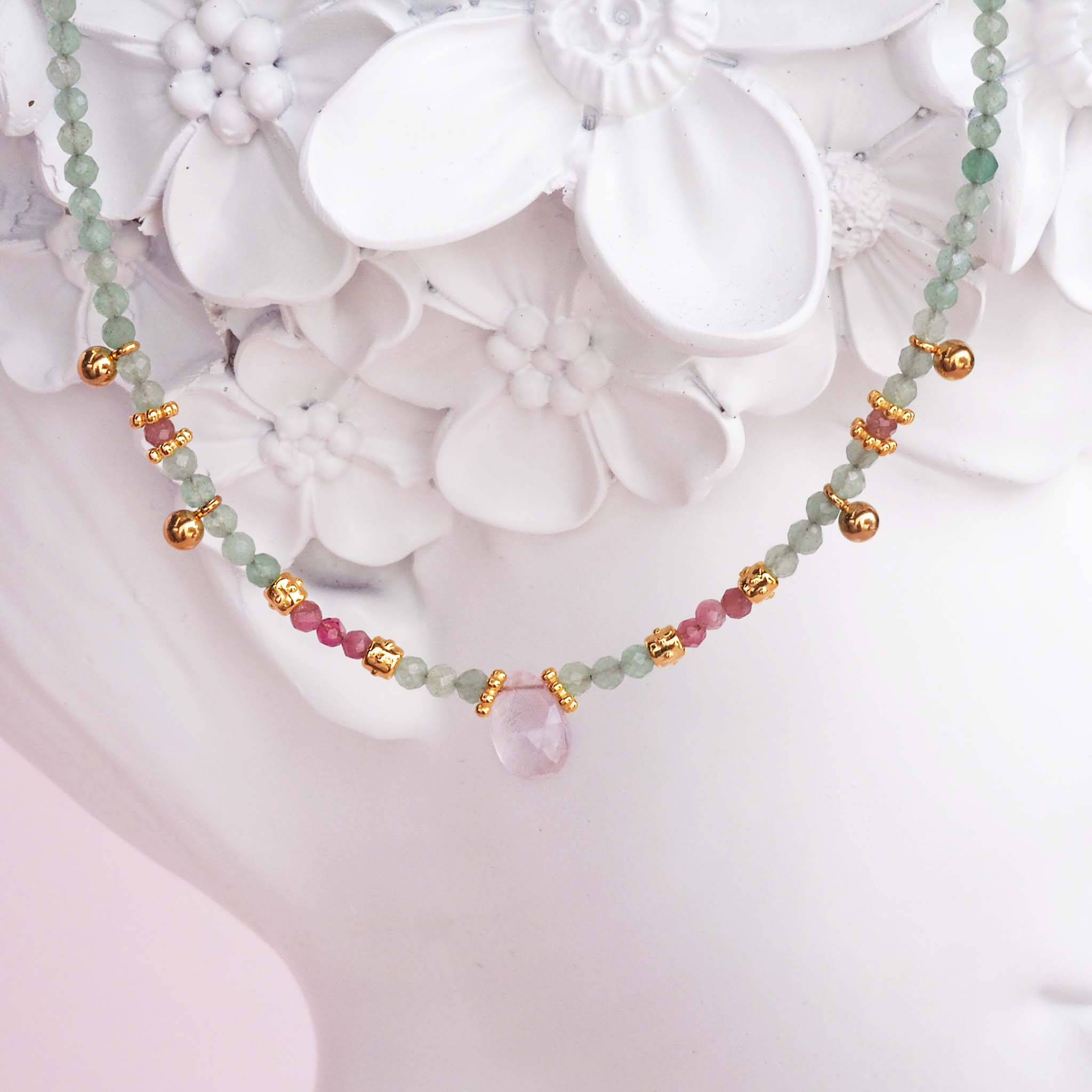 Natural Aventurine, pink topaz and rose quartz necklace with gold plated stainless steel detailing - bohemian jewellery online by indie and harper