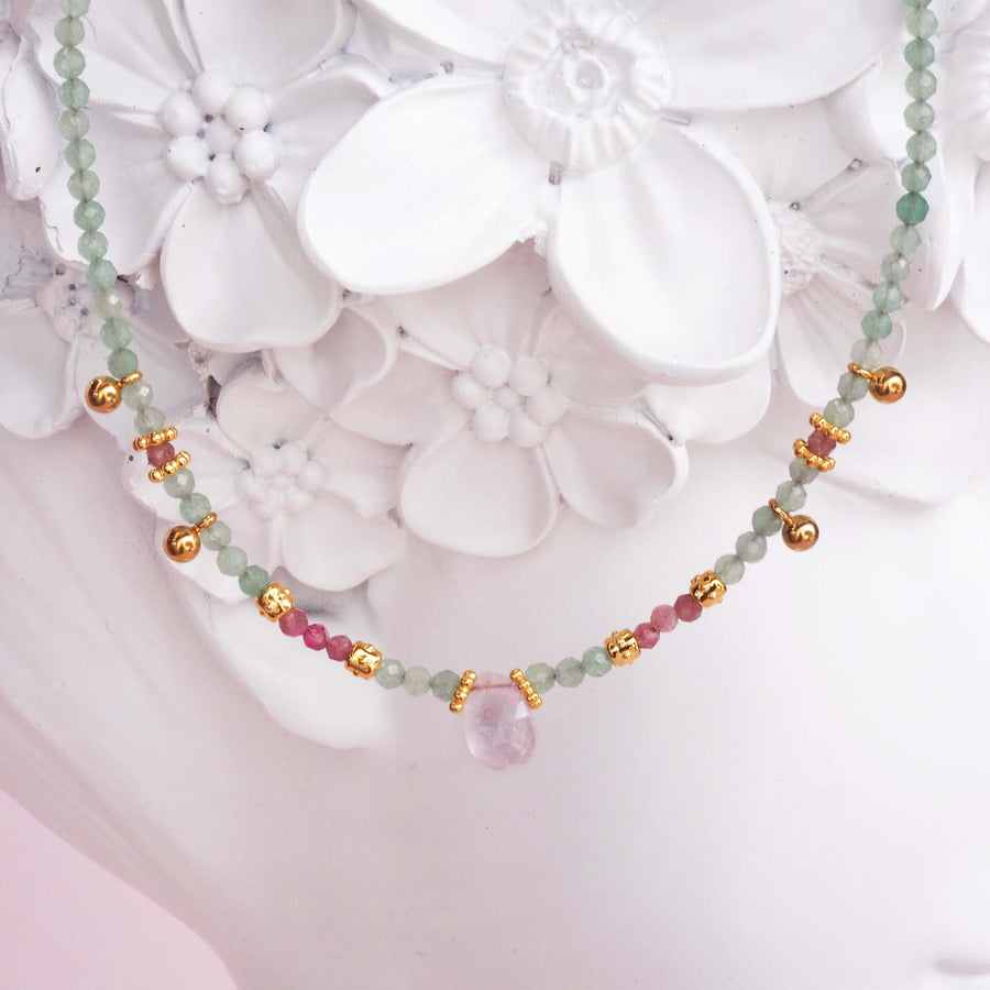 dainty goddess aventurine and pink topaz necklace - made with gold plating over stainless steel and natural gemstones by indie and harper