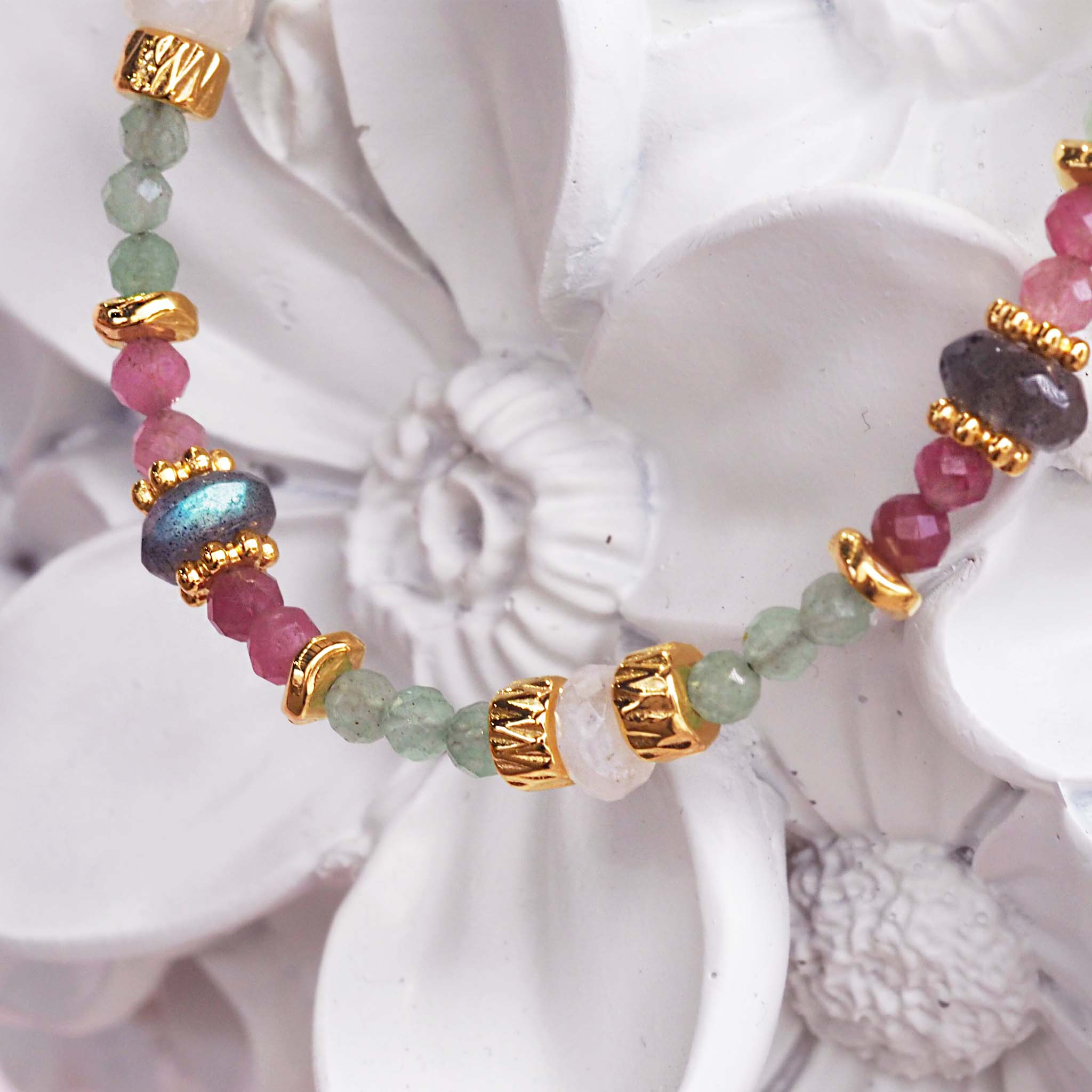 dainty goddess beaded bracelet made with pink tourmaline, aventurine, moonstone and labradorite gemstones - boho jewellery by Australian jewellery brands indie and harper