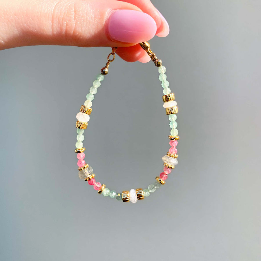 dainty goddess beaded bracelet made with pink tourmaline, aventurine, moonstone and labradorite gemstones - boho jewellery by Australian jewellery brands indie and harper