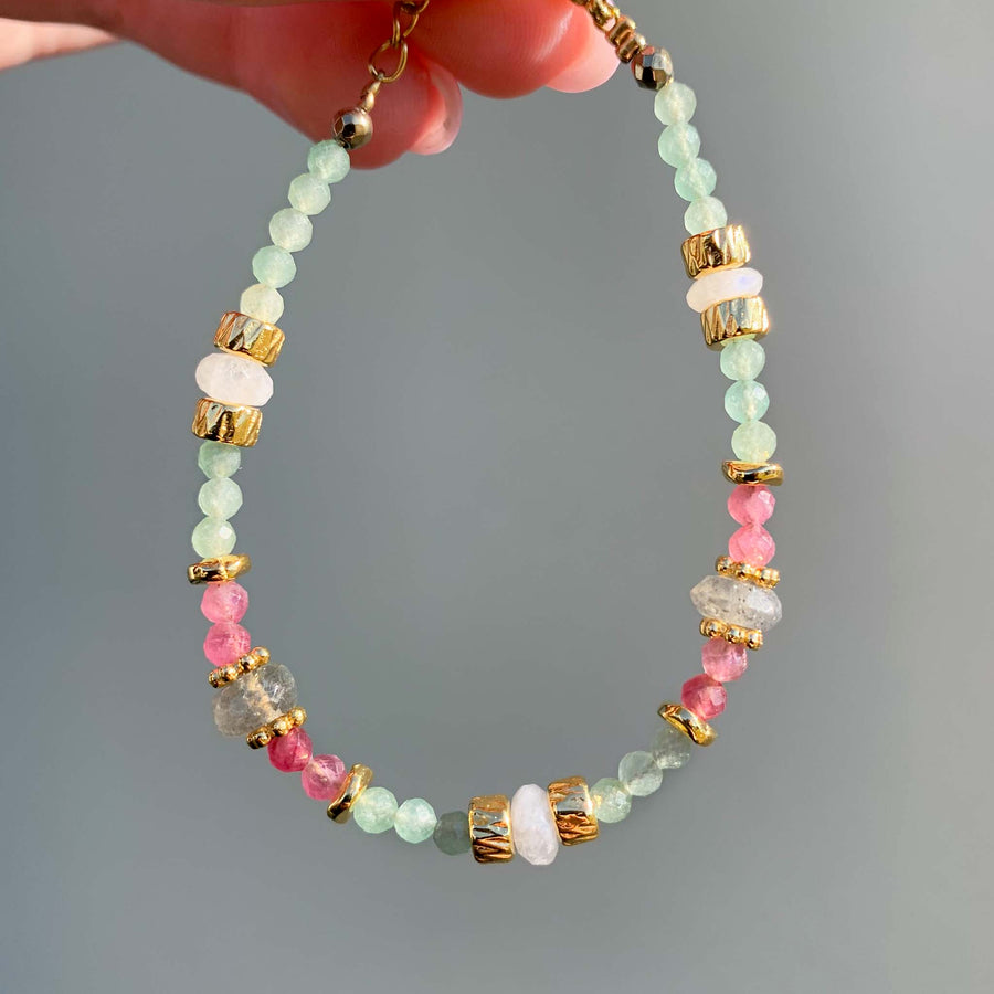 dainty goddess beaded bracelet made with pink tourmaline, aventurine, moonstone and labradorite gemstones - boho jewellery by Australian jewellery brands indie and harper