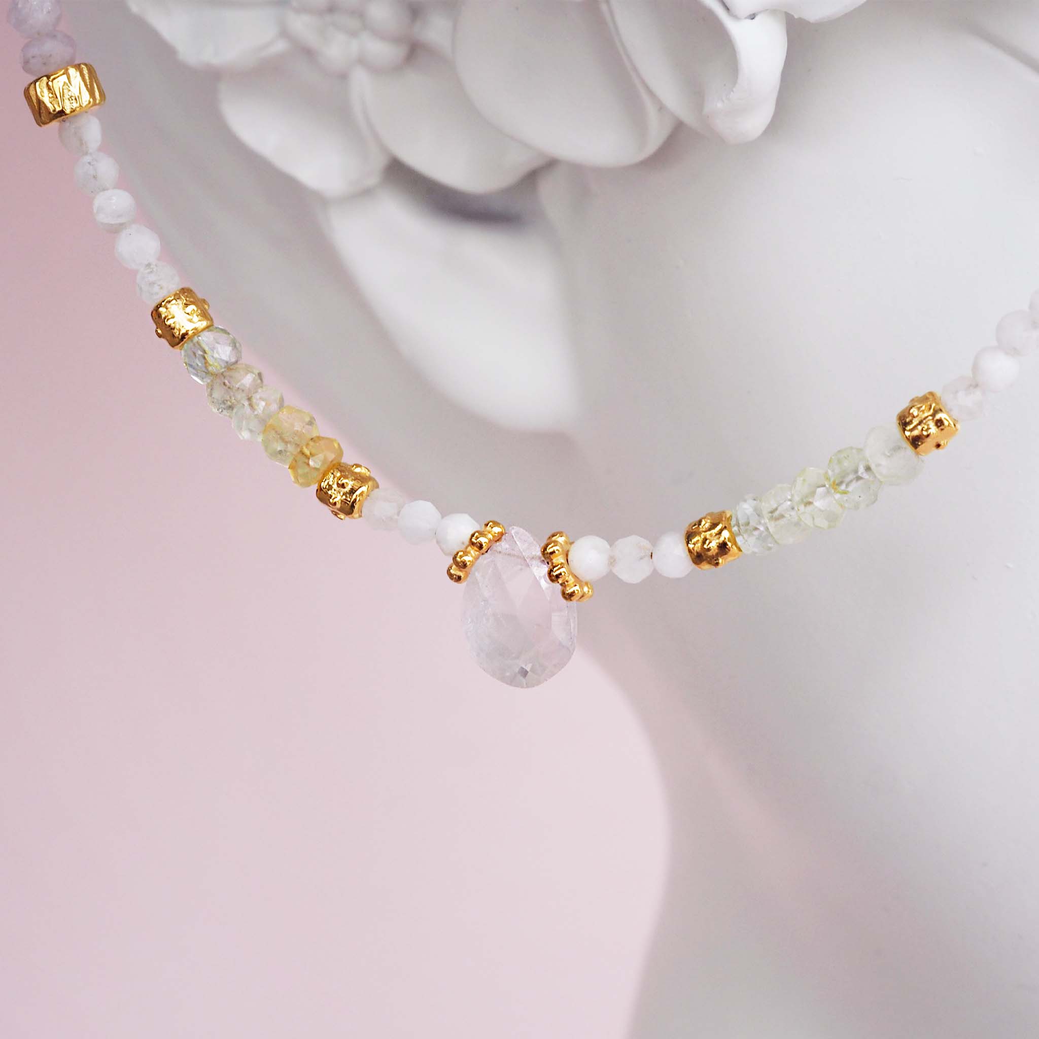 natural beaded necklace made with morganite, moonstone and rose quartz crystals - gemstone jewellery by online jewellery brand indie and harper