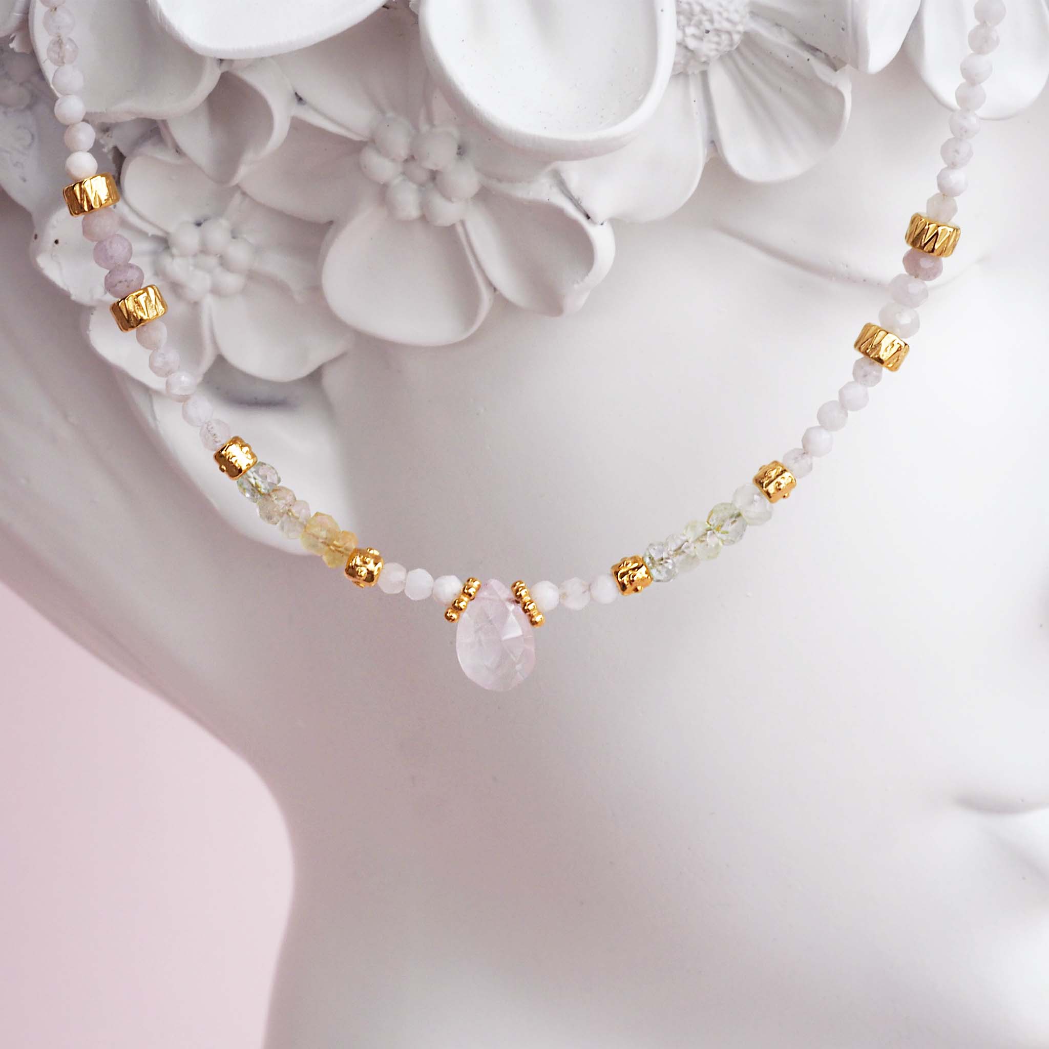 natural beaded necklace made with morganite, moonstone and rose quartz crystals - gemstone jewellery by online jewellery brand indie and harper