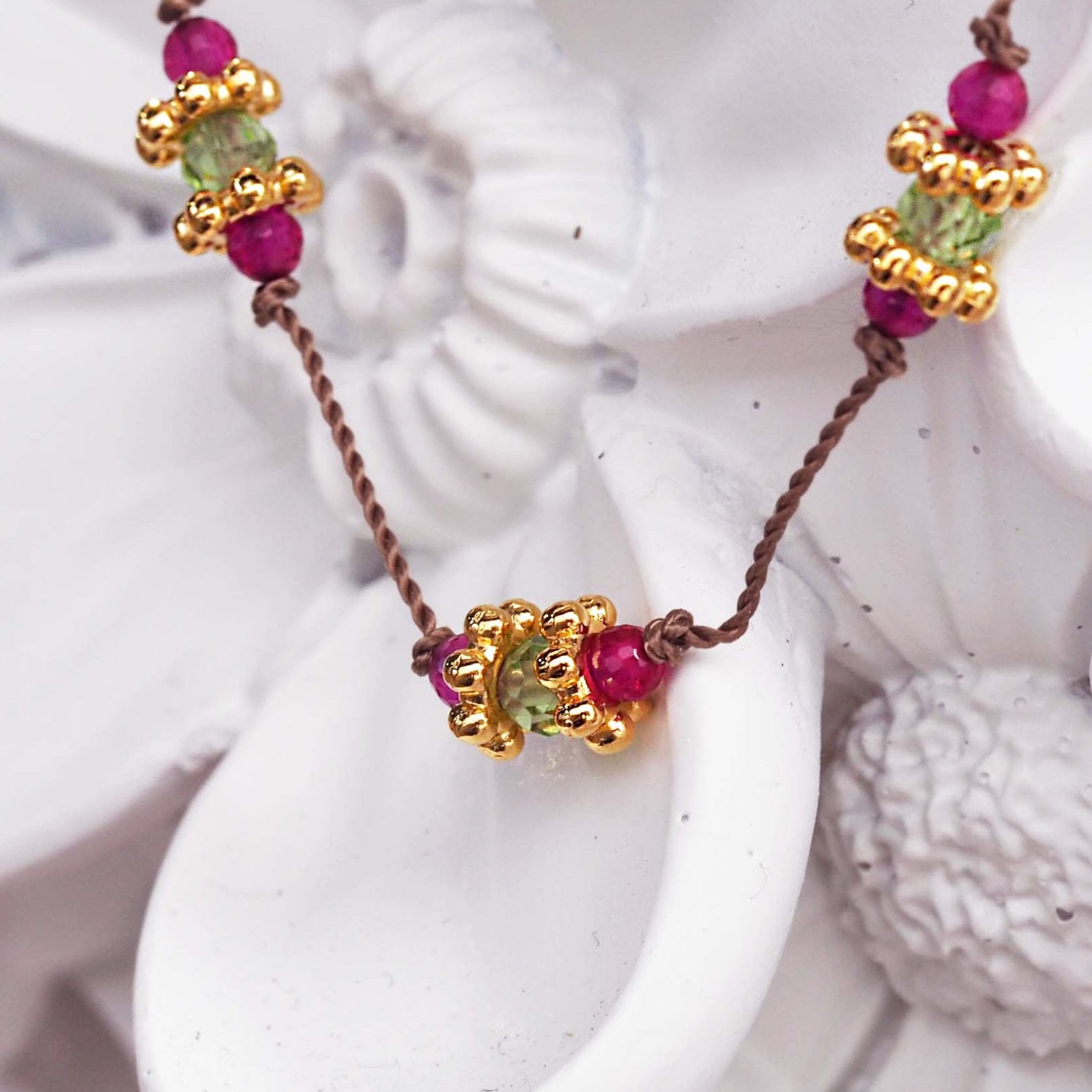 dainty goddess rubellite and peridot bracelet - dainty beaded bracelets by australian jewellery brands indie and harper