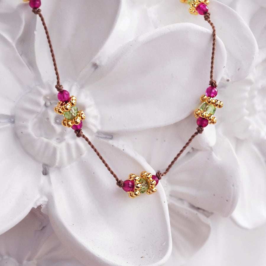 dainty goddess rubellite and peridot bracelet - dainty beaded bracelets by australian jewellery brands indie and harper