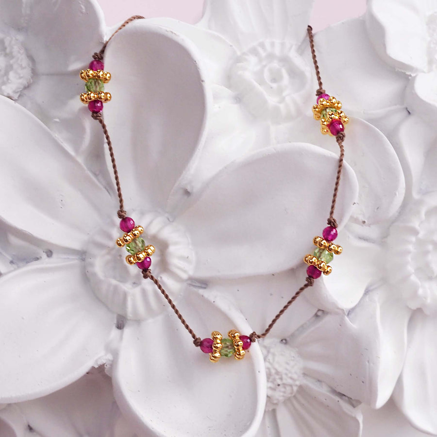 dainty goddess rubellite and peridot bracelet - dainty beaded bracelets by australian jewellery brands indie and harper