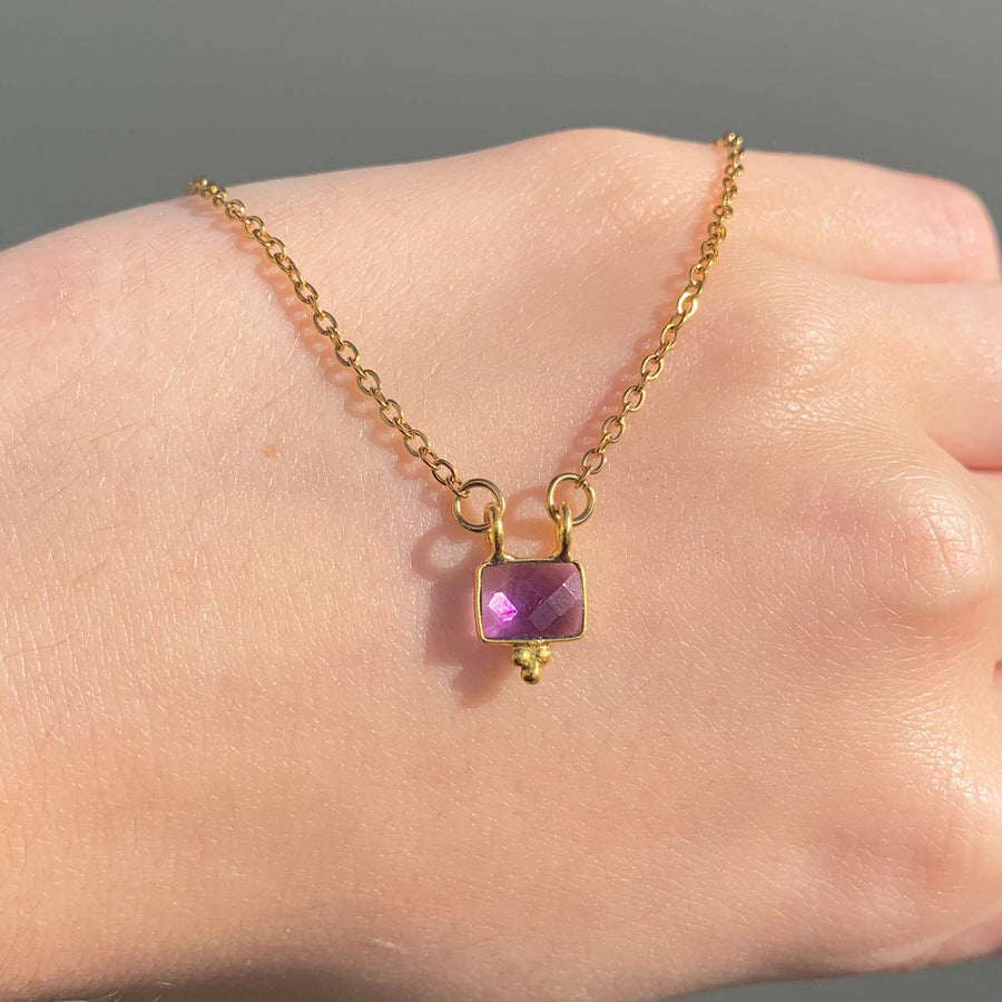 dainty gold gemstone necklace - dainty natural purple amethyst in a gold plated stainless steel setting with dainty beaded detailing - women's jewellery online by indie and harper