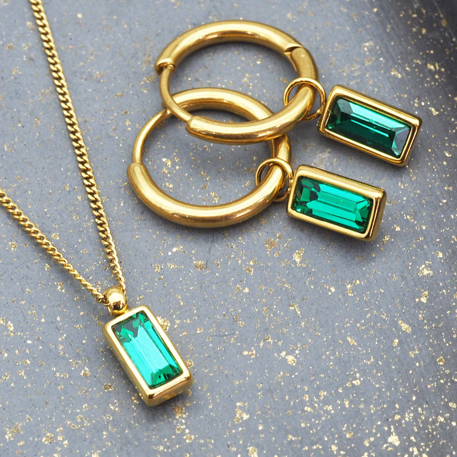 dainty gold and emerald green earrings - dainty earrings made with beautiful emerald green cubic zirconia, titanium steel and 18k gold plating - womens online jewellery brand indie and harper