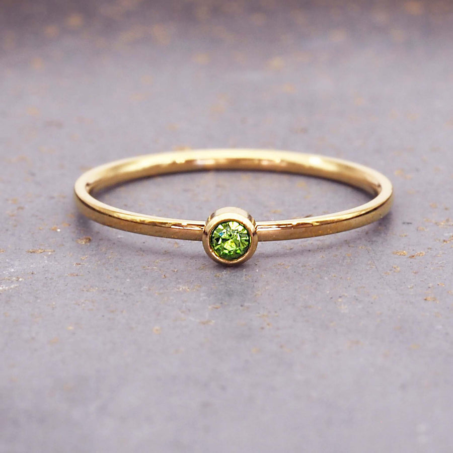 dainty August birthstone ring with green cubic zirconia - gold waterproof jewellery - birthstone jewellery Australia - Australian jewellery brand